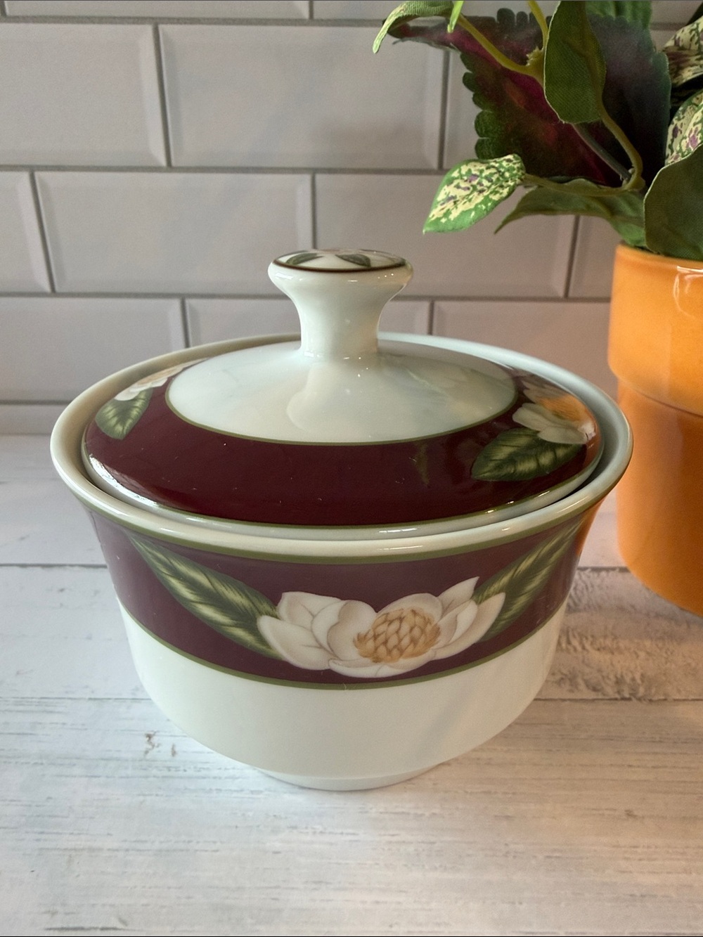 American Atelier White and Burgundy Floral Covered Sugar Jar